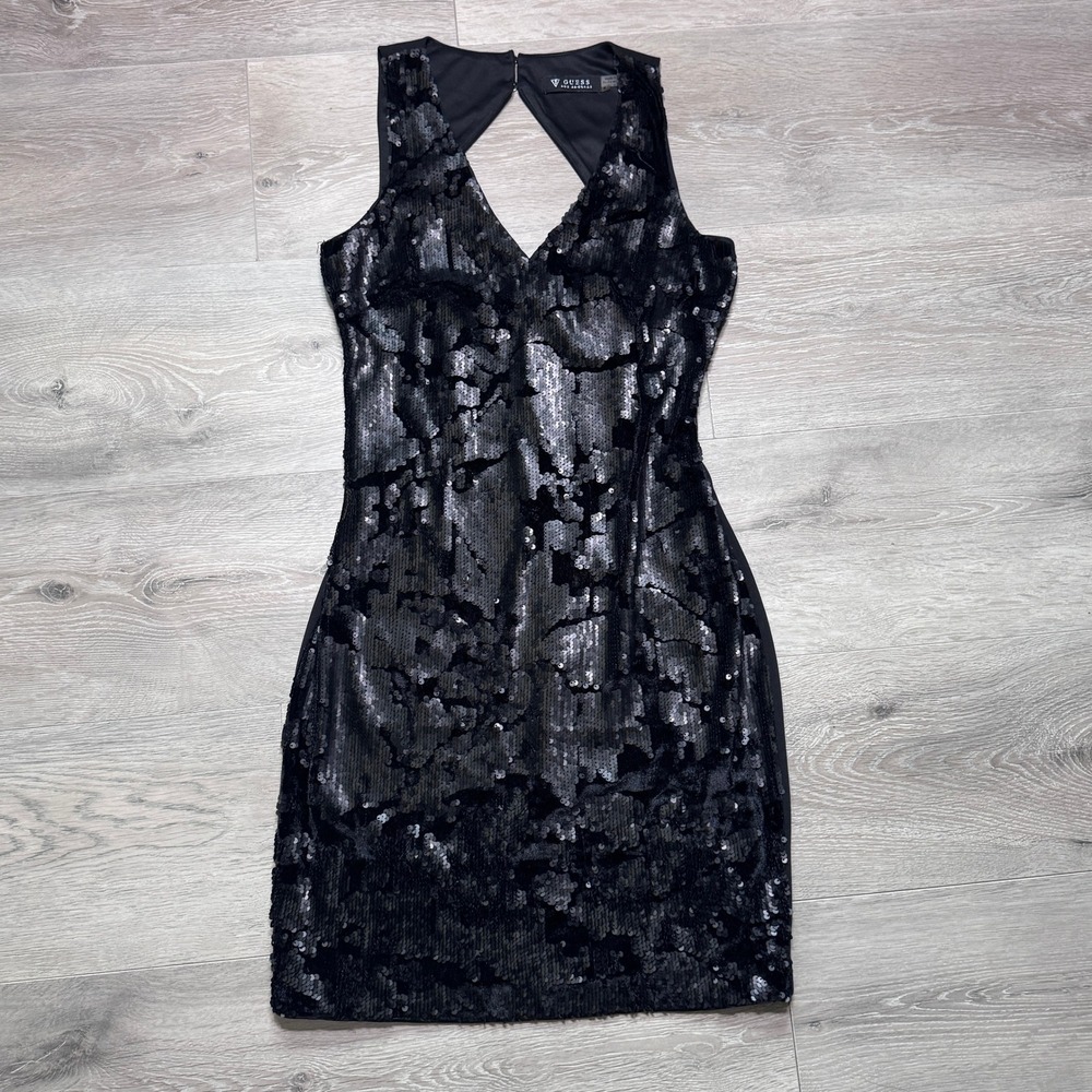 Guess Black Sequin Camo V-Neck Keyhole Back Mini Cocktail Dress Size 4 Small